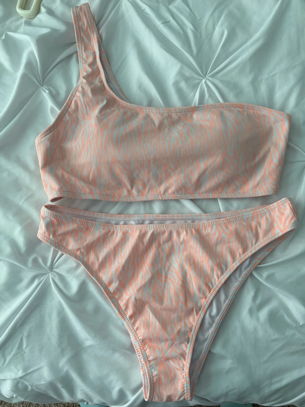 One-Shoulder Peach-Pink Zebra Print Bikini Set - Women Swim